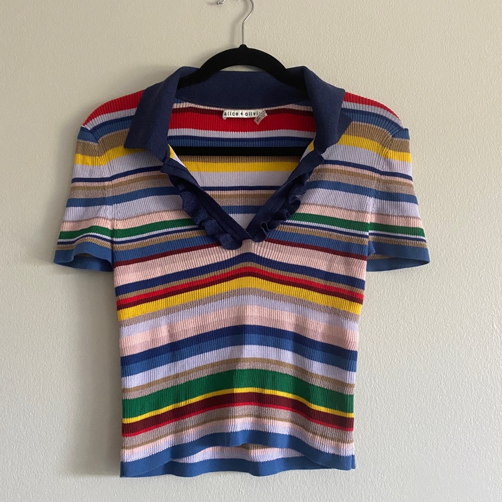 Alice + Olivia Multicolor Striped Ruffle Polo Top